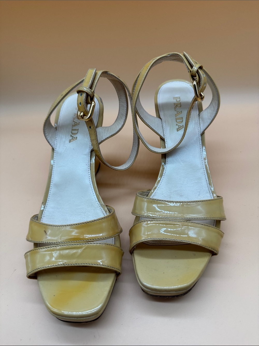 Prada Glossy Light Yellow Patent Leather Strappy Sandals